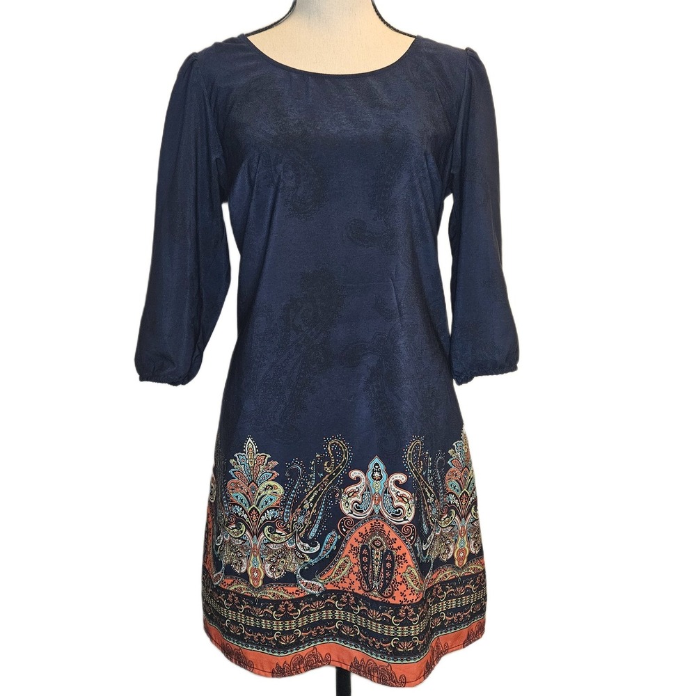 BeBop Size Medium Scoop Neck 3/4 Sleeve Navy Paisley Print Sheath Dress
